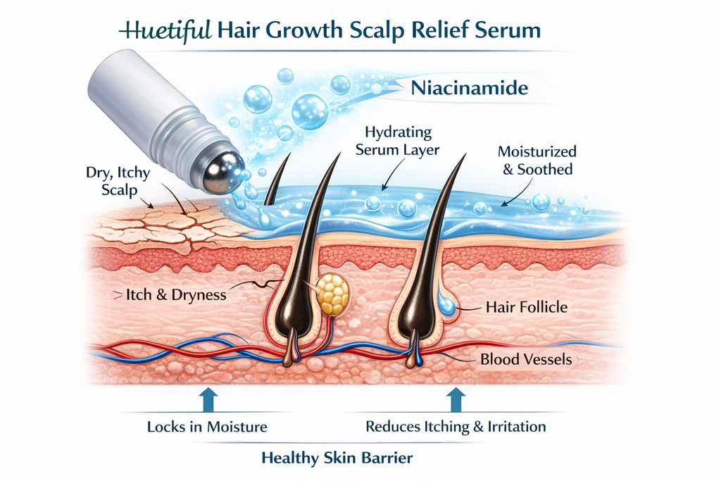 Huetiful Hair Growth Scalp Relief Serum with Niacinamide | Roll-On Scalp Treatment | Strengthens Follicles, Reduces Damage & Soothes Scalp | 0.84 fl oz